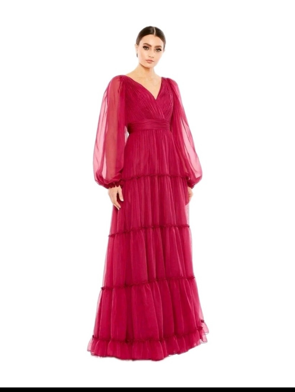 Mac Duggal Deep Fuchsia V-Neck Tiered Maxi Gown
